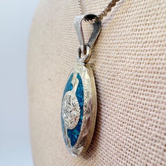 VTG Sterling Silver 925 Turquoise Abalone Reversible Pendant Necklace 23" Length - Picture 4 of 15